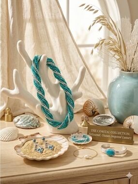 Vintage Boho Teal & Silver Twisted Seed Bead Rope Necklace